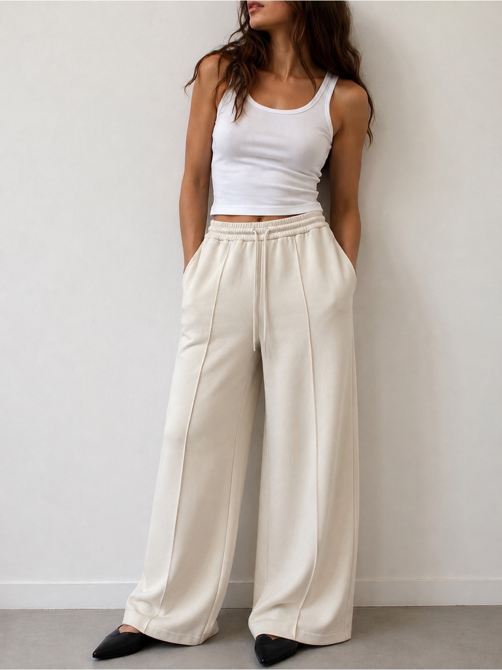 Athleta Beige Wide Leg Pants Pintuck Drawstring Size S Minimalist Quiet Luxury